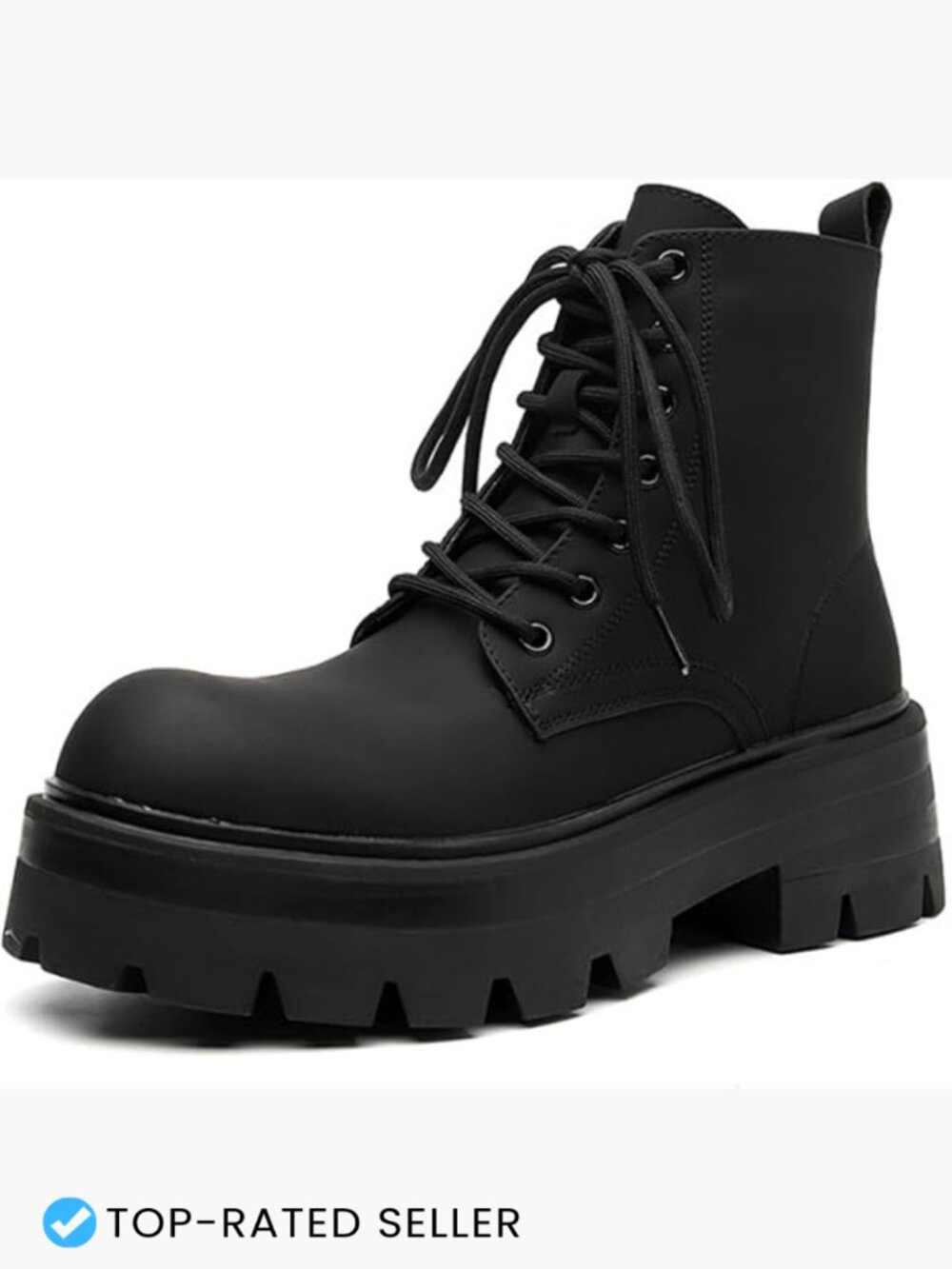 Men's Black Leather Lace-up Platform Combat Boots Chunky Heel Lug Sole